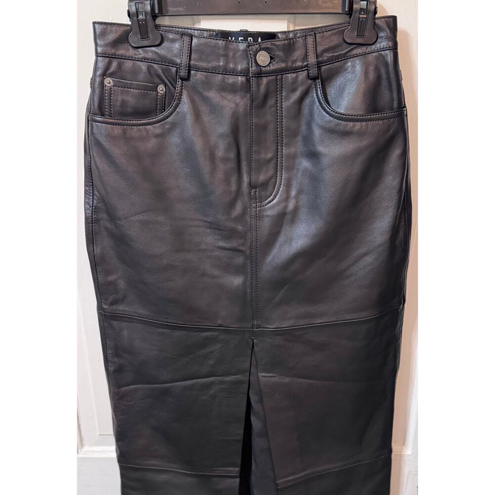 NEW Reformation Veda Black Lambskin Leather Front Slit Maxi Skirt Size 2 - Picture 6 of 16